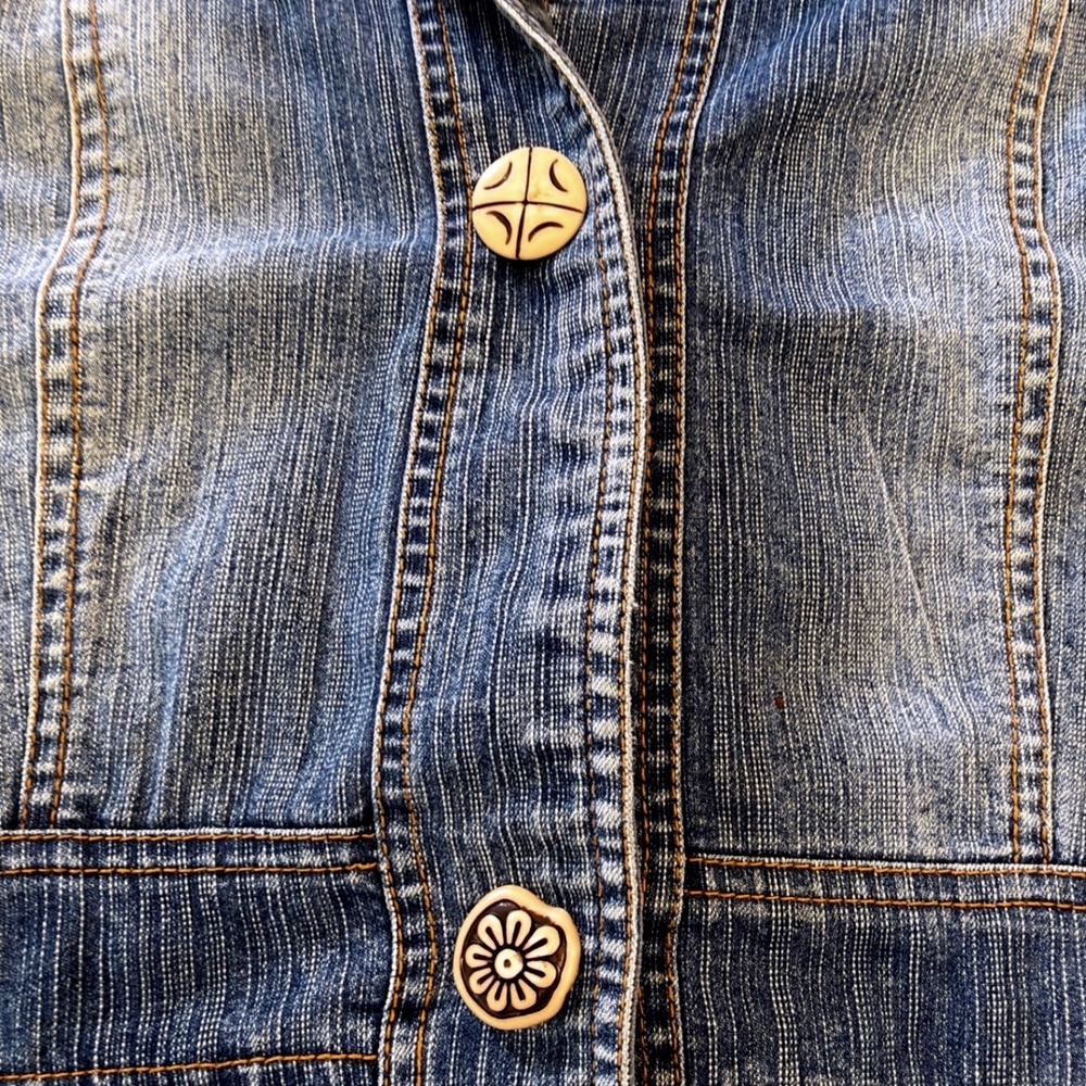 Shufa Blue Denim Striped Corduroy Studded Hooded Short Sleeve Jacket Size 42 - Picture 6 of 16